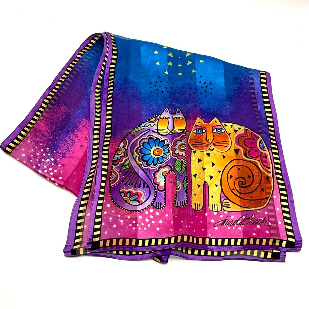 Laurel Burch Colorful Cats Silky Scarf 11x53 Boho Multicolor Rainbow Kittens - Picture 3 of 8